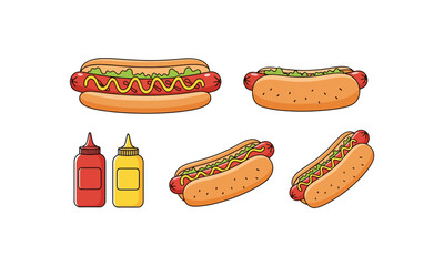 Hot Dogs with Mustard, Ketchup, and Lettuce – Fast Food Illustration