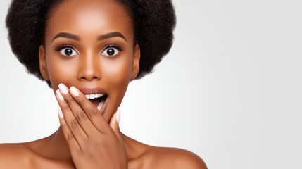 Captivating portrait of woman with hands covering her mouth expressing surprise or secret.