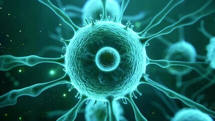 Macro-level digital rendering of neural cells, highlighting their intricate structures in a teal palette - Powered by Adobe