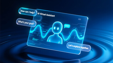 The clean, semi-transparent screen features a stylized AI persona and conversational prompts over a digital wave pattern.