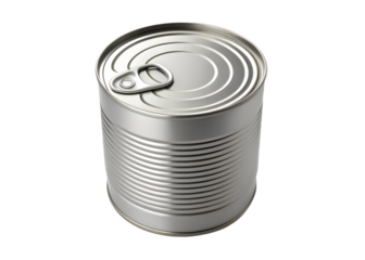 A single silver metal food can with a pull tab lid isolated on a stark black background representing preserved food