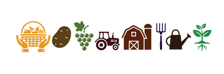 An easy-to-use set of solid icons that are farming-themed. It features icons like sorting harvested crops, potatoes, grapes, and others.