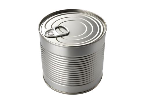 A single silver metal food can with a pull tab lid isolated on a stark black background representing preserved food