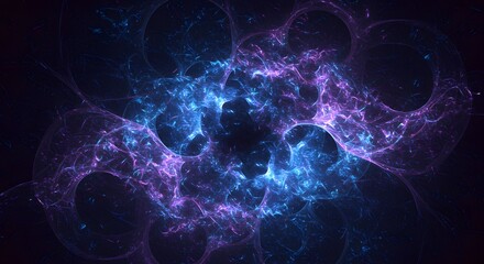 Abstract cosmic depiction featuring swirling nebulas of blue and purple against a dark backdrop