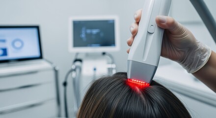 Dermatologist performing advanced laser hair therapy on a woman scalp in a medical setting