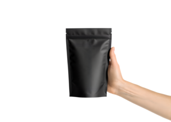 Hand holding a blank black resealable stand up pouch with zipper closure against a solid black background