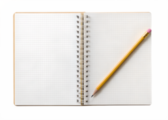 Open spiral bound planner or notebook with blank lined pages and a yellow pencil on a black background