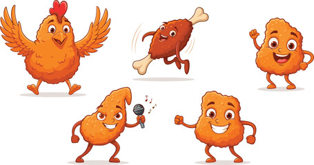 Funny cartoon fried chicken characters, cute nugget and drumstick food mascots, crispy snack vector illustration, happy fast food friends, white background
