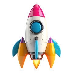 Colorful retro rocket ship with flames blasts off into space.