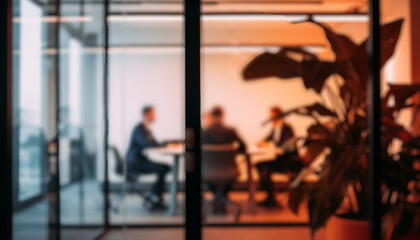 DSLR photo of business professionals in a meeting behind transparent glass walls, surrounded by minimalist furniture and a green plant, in a bright modern office setting.