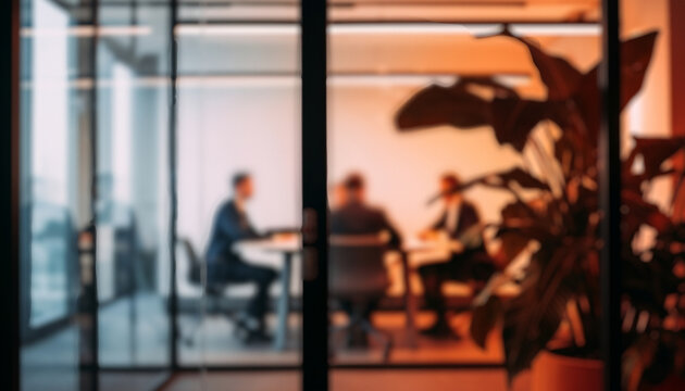 DSLR photo of business professionals in a meeting behind transparent glass walls, surrounded by minimalist furniture and a green plant, in a bright modern office setting.