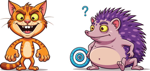 Grinning Cartoon Orange Cat Standing with Arms Out Next to a Confused Purple Hedgehog Sitting with a Question Mark and Target Vector Illustration.