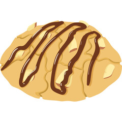 A single baked cookie with chocolate drizzle and almond pieces on a transparent background