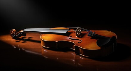 Fototapeta premium A beautifully lit violin resting on a reflective wooden surface, showcasing its details.