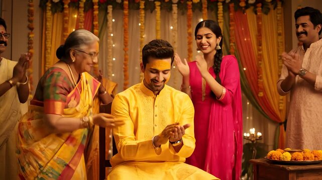 Indian Family Celebrates Haldi Ceremony with Joy and Laughter.