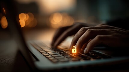 Typing hands on laptop with glowing padlock icon modern office digital security focus warm ambient light close-up view