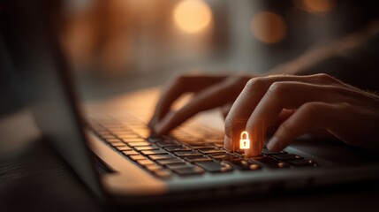 Securing digital information hands typing on laptop with glowing padlock icon home office close-up view cybersecurity concept