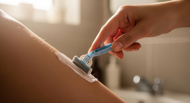 Close up of a woman hand shaving her leg with a disposable razor and shaving cream