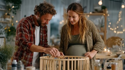 Couple assembling minimalist baby crib at home family lifestyle cozy environment intimate viewpoint