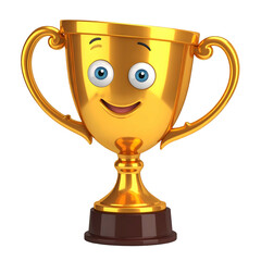 Joyful golden trophy character with a smiling face.