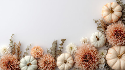 Cream Heirloom Pumpkins and Dahlia Flowers Decorative Flat Lay, Generative AI