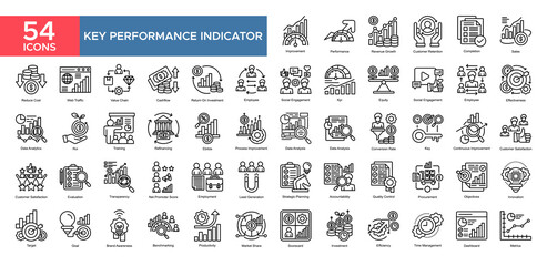 Key Performance Indicator collection set. Improvement , Performance, Revanue Growth, Kpi ,Costomer Relation, Sales ,Employee, Data Analysis, icon. Simple outline vector illustration