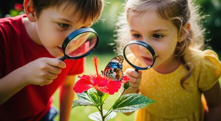 Curious children exploring nature with magnifying glasses, observing a butterfly on a red hibiscus flower.