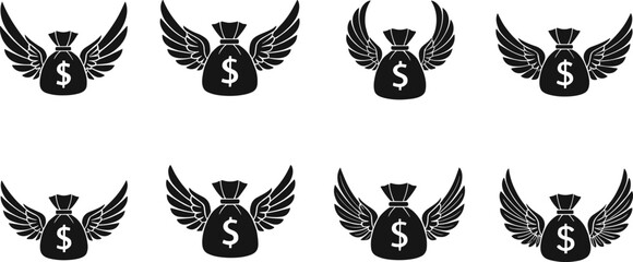 Money Bag with Wings Black Silhouette Icon Set, Financial Freedom, Fast Cash Flow, Easy Earning, and Wealth Concept Minimalist Vector Graphic Collection.