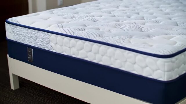 Close-up of a white mattress with a navy blue border and a textured surface