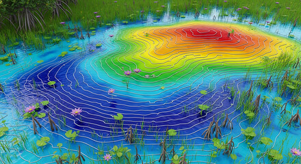 Fototapeta premium Colorful topographical map abstract design of a pond, showing height gradients and natural features
