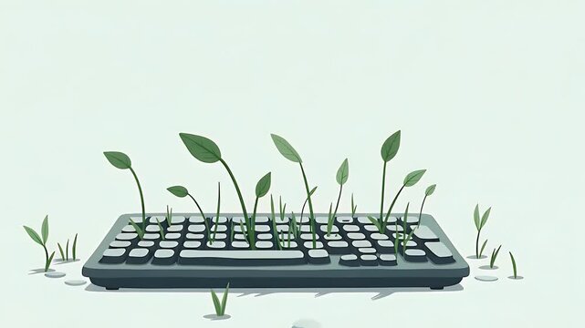A minimal cartoon computer keyboard with little green sprouts growing between the keys &mdash; symbolizing digital renewal.
