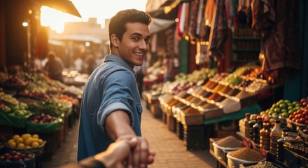 Smiling young man leading by hand through a vibrant outdoor market at golden hour