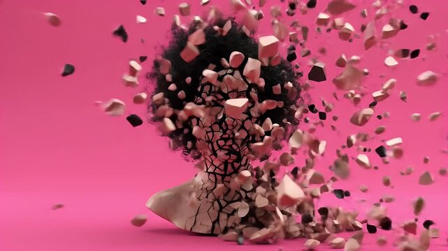 Abstract 3d illustration of a breaking apart head on pink background