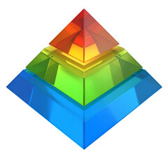 Layered glass pyramids display a spectrum of color against black.