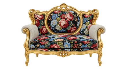 Ornate baroque armchair with floral upholstery isolated on transparent background