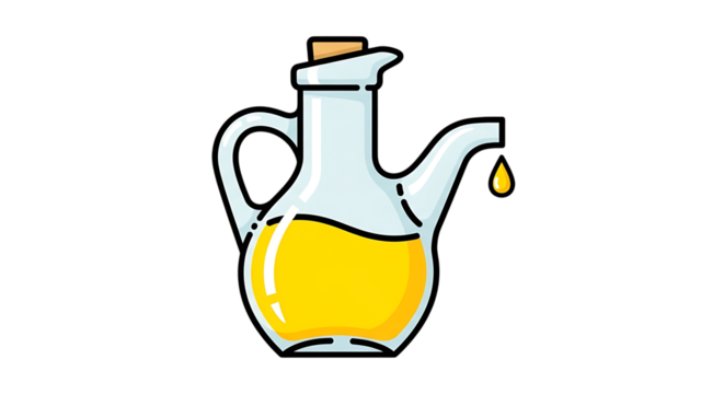 Decorative olive oil bottle with a drop of oil isolated on transparent background