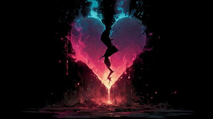 Minimalist album cover with glowing neon broken heart, purple and cyan cracks, subtle flames and glitch fragments, bold ultra-realistic detailed graphic silhouette