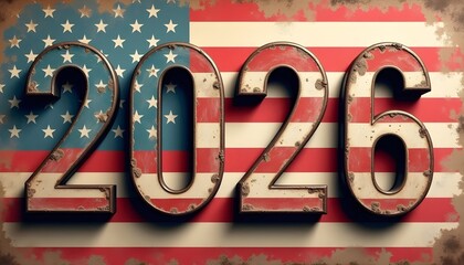 2026 Metallic Numbers on Vintage American Flag Background