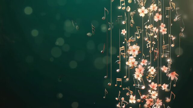 Luxurious golden musical notes cascading with delicate pink cherry blossoms on a dark emerald background