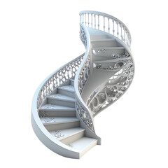 Ornate white spiral staircase features intricate openwork railings.