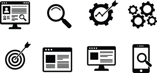 SEO Search Engine Optimization Icons Set Magnifying Glass Web Analytics Gears Target Mobile Search Internet Marketing Vector Illustration Concept