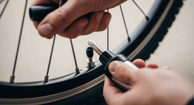 Man hands carefully inflating a bicycle tire with a portable hand pump for maintenance