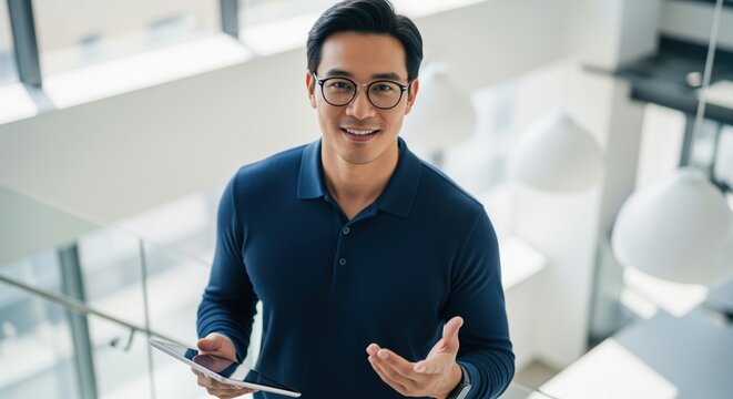 Confident asian man in glasses holding a digital tablet, smiling in a bright, modern office space with high angle view.