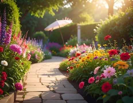 A stone path meanders through a vibrant, sunlit flower garden