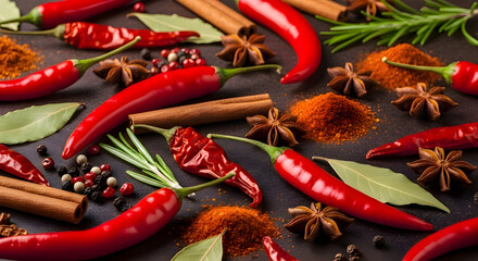 Colorful composition of red chili peppers, spices, herbs, and seasonings on dark kitchen table background