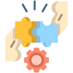 Flat Collaboration Icon - Hands Connecting Puzzle and Gear for Teamwork and Partnership