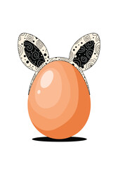 A decorative Easter egg with playful bunny ears sits on a white background celebrating the spring holiday season.