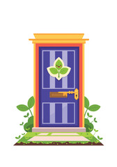 A whimsical cartoon door with a smiling leaf motif welcomes visitors to a lush garden.