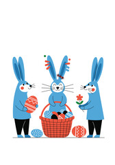 Three blue bunnies celebrate easter with colorful eggs and a flower basket.