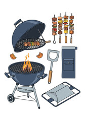 A vibrant collection of barbecue grilling tools and accessories for outdoor cooking and summer gatherings.